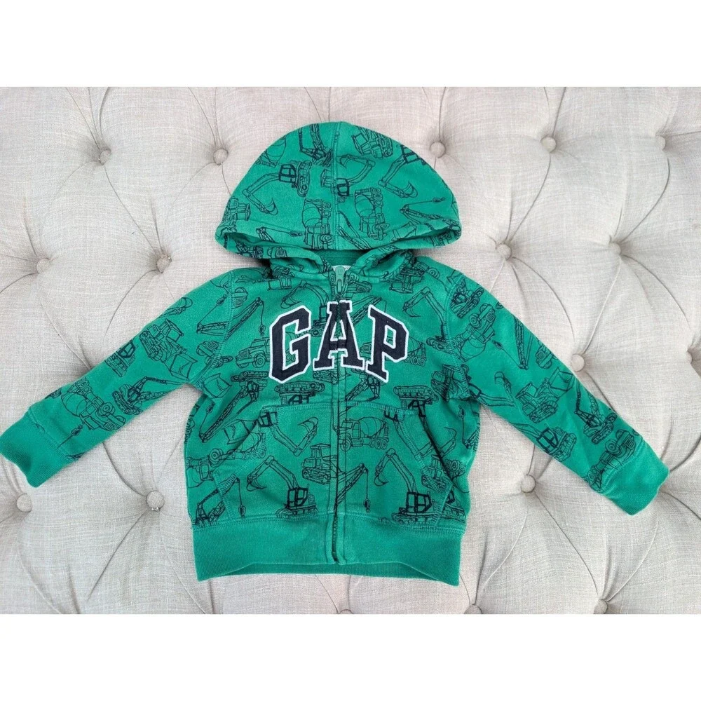 Gap Toddler Boy Construction Vehicles Green Logo Hoodie Sweater Full Zip Size 2